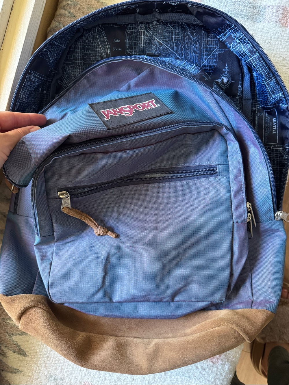 Jansport Purple-Blue Backpack with Brown Suede Base Seattle map inside limited